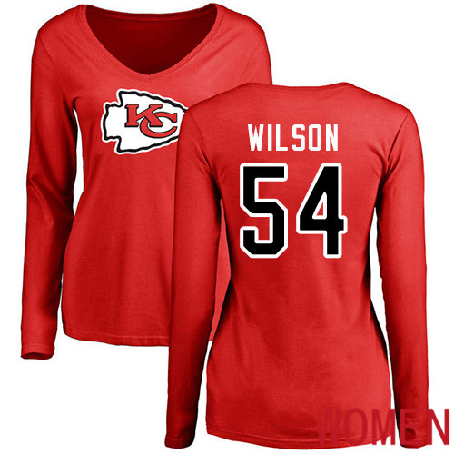 Women Kansas City Chiefs #54 Wilson Damien Red Name and Number Logo Slim Fit Long Sleeve NFL T Shirt